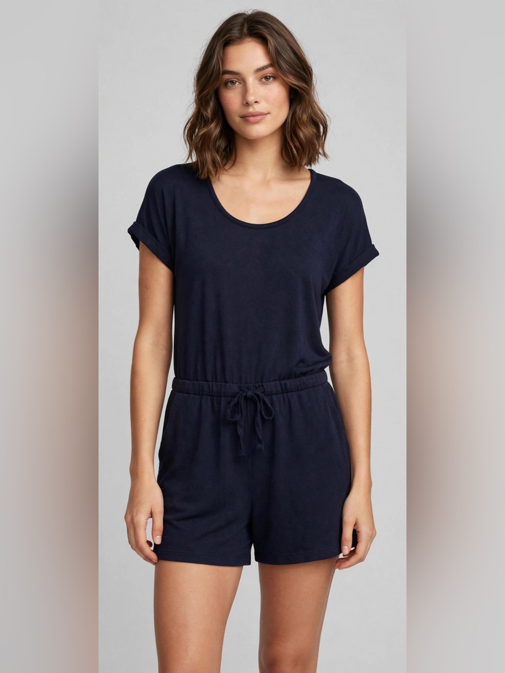 LOFT Navy Short-Sleeve Drawstring Waist Romper - Lou & Grey